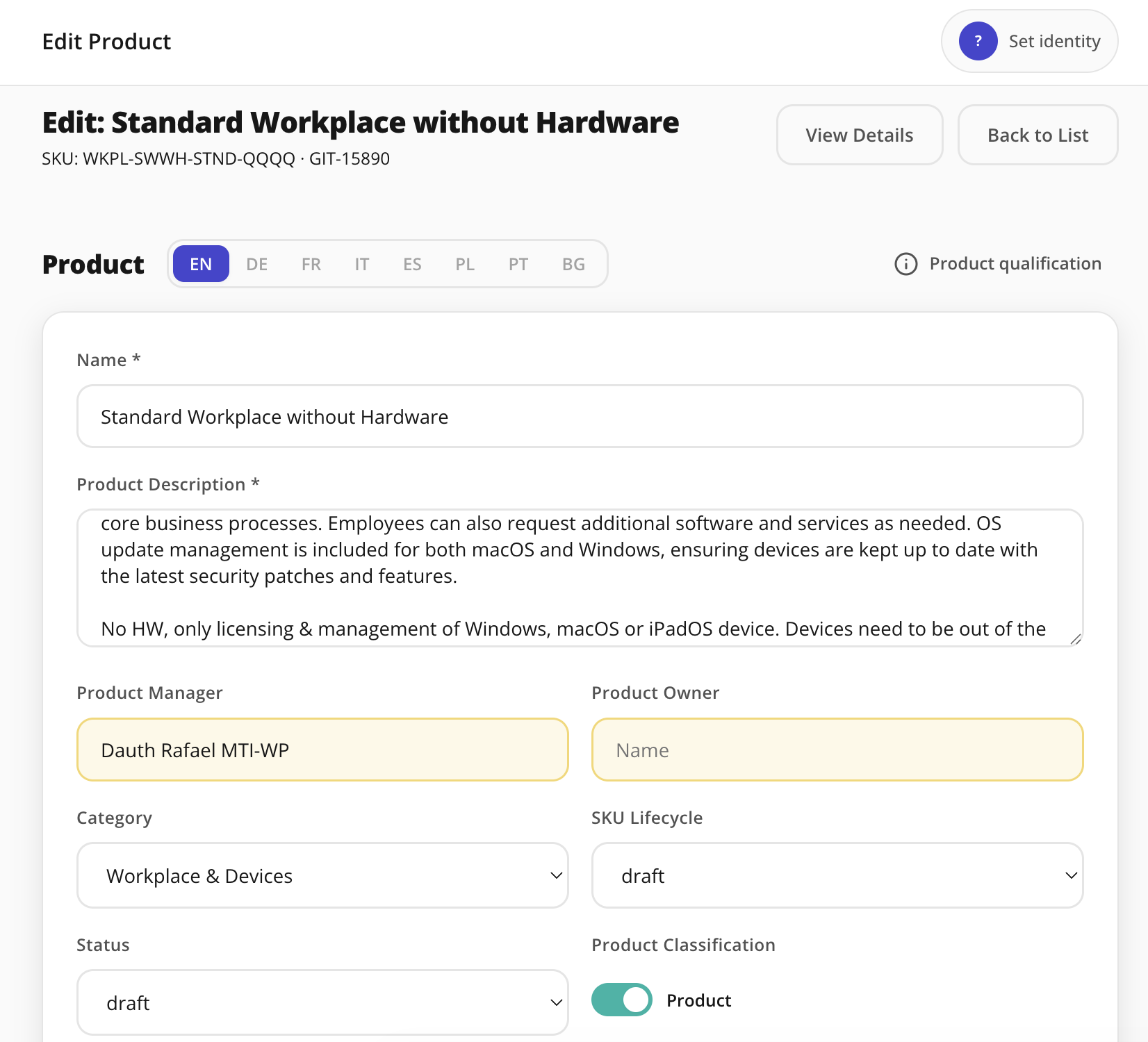 Edit product form for content and settings
