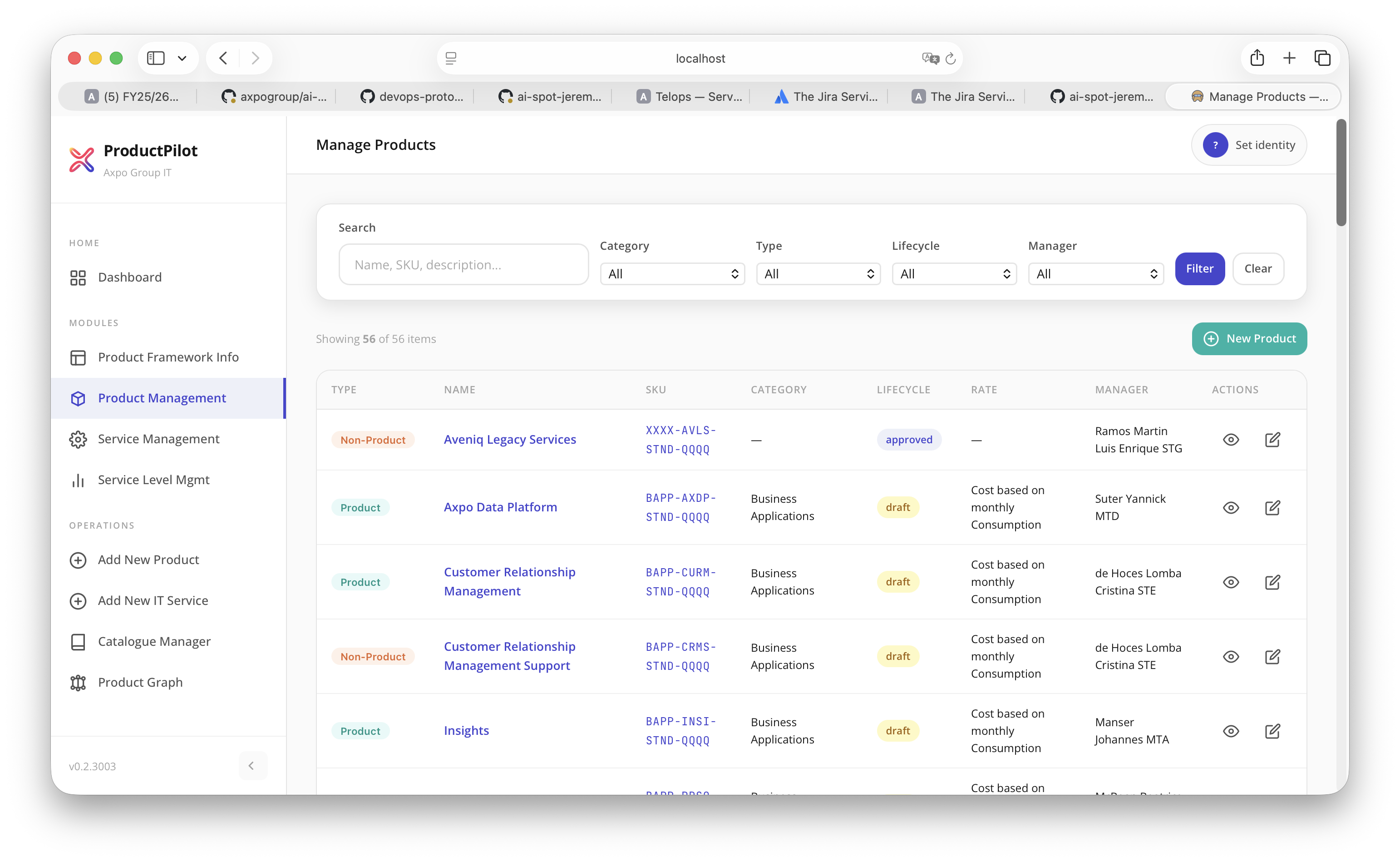 Product catalog list with search and filtering
