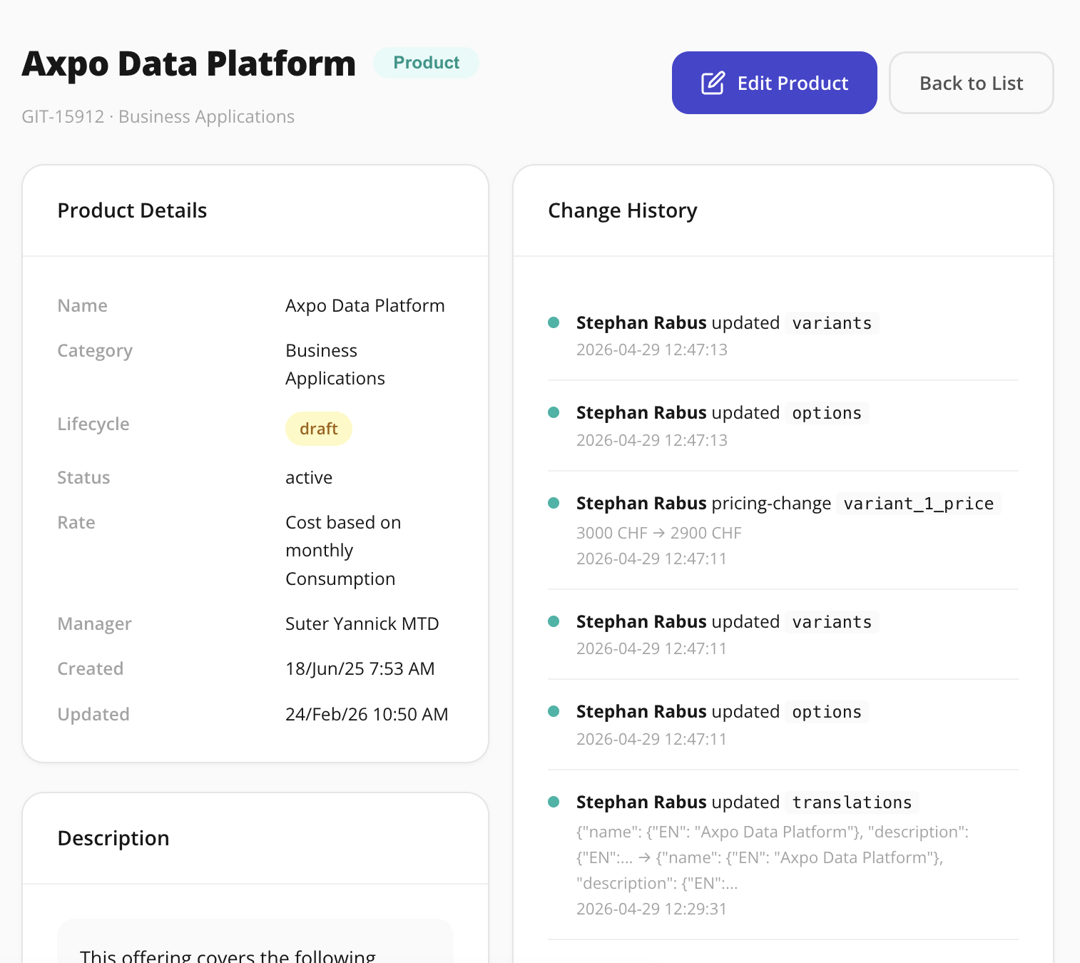 Change management view showing edit history and lifecycle